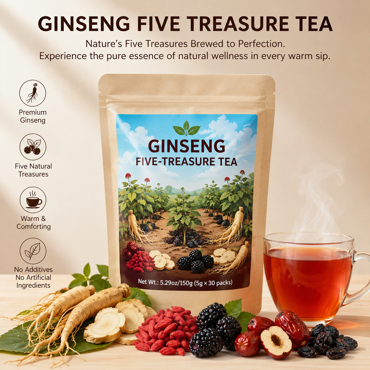 Premium Five Treasure Herbal Tea – Traditional Ginseng & Botanical Tea Blend